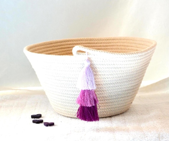 Pink Easter Candy Basket, 1 Handmade Lavender Violet Tassel Bowl, Woven Coiled Clothesline Basket