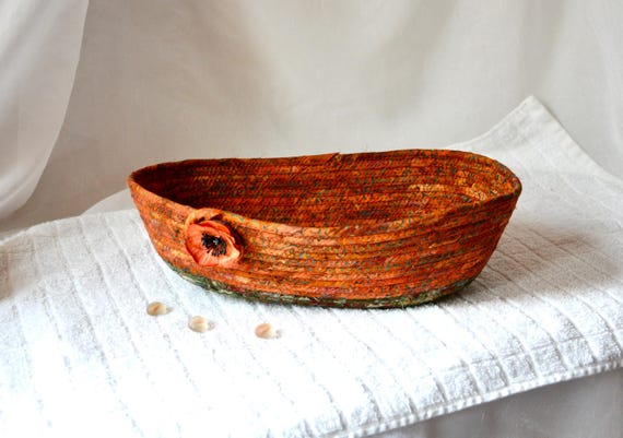 Earth Tone Bread Basket, Rustic Fruit Bowl, Fall Textile Art Basket, Country Mail Bin, Handmade Batik Fabric Basket, Unique Napkin Holder