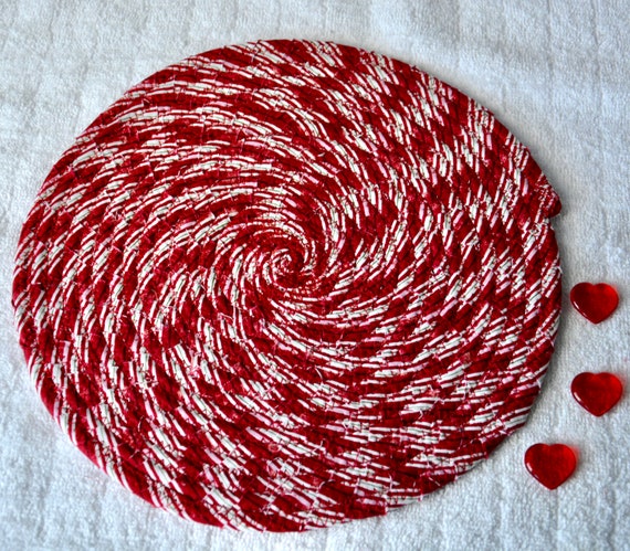 Red Candy Trivet, Fun Fabric Place Mat, 10" Handmade Coiled Rope Mug Rug, Table Mat, Hot Pad, Table Topper