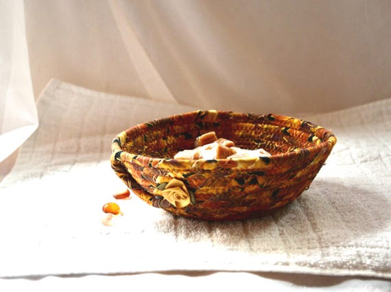 Thanksgiving Gold Highlight Decor Bowl, Handmade Quilted Fabric Rope Basket, Small Fall Candy Bowl