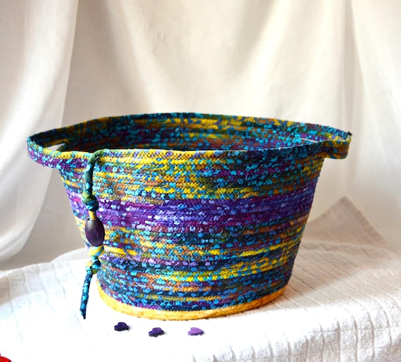 Textile Art Basket, Gorgeous Batik Fabric Bin, Office Organizer, Purple Towel Holder, Bath Tissue Bin, Cat Toy Basket, Unique Gift Basket