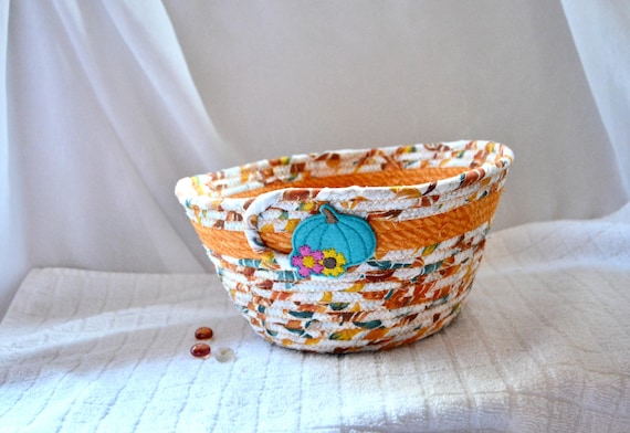 Fall Pumpkin Bowl, Autumn Bread Basket, Handmade Fabric Rope Basket, Thanksgiving Napkin Holder