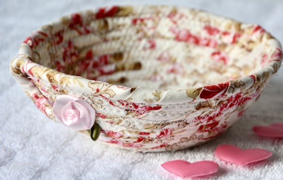 Cottage Shabby Chic Basket, Handmade French Rose Bowl, Pretty Floral Key Bowl or Victorian Ring Dish or Dresser Key Tray or Potpourri Bowl