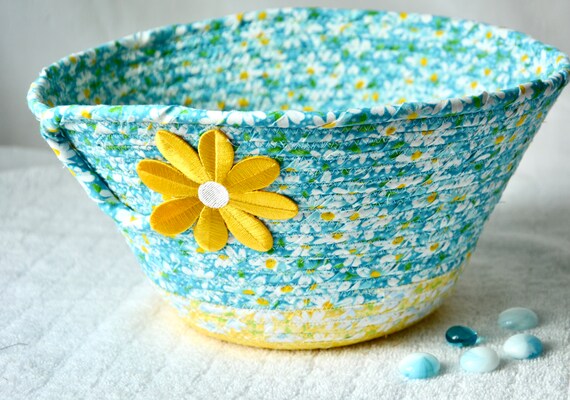 LovelyAqua Basket, Spring Fruit Bowl, Aqua Daisy Fabric Basket, Handmade Napkin Holder, Floral Gift Basket, Bath Tissue Holder