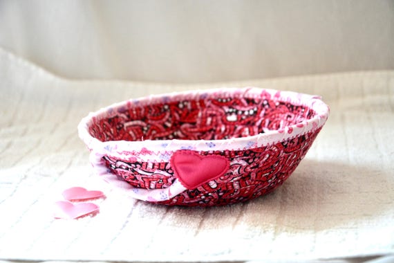 Valentine's Day Heart Candy Dish, Handmade Quilted Fabric Basket: Small Red Ring Holder