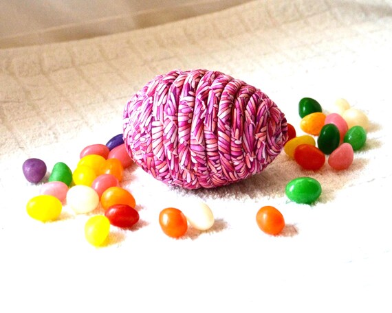 Handmade Easter Egg Ornament, Hand Coiled Pink Fabric Egg, Basket Stuffer