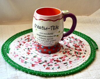 Summer Strawberry Place Mat, Handmade Coiled Fabric Trivet,  Picnic Table Hot Pad