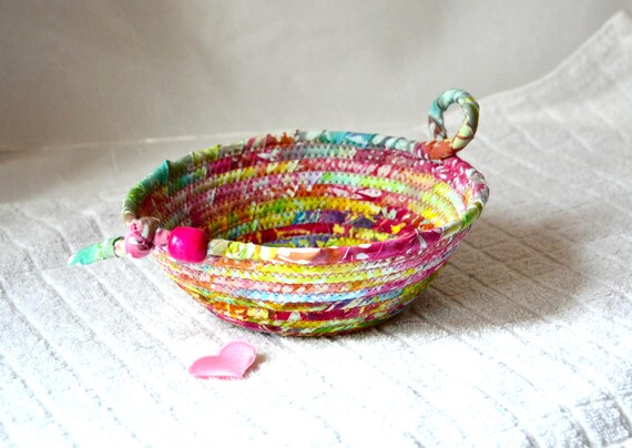 Artisan Pink Basket, Cute Candy Bowl, Fun Batik Fabric Basket, Handmade Bath Soap Holder, Unique Potpourri Bowl, Bohemian Style  Basket