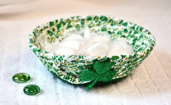 St. Patrick's Day Gift, Cute Green Key Holder, Irish Shamrock Candy Dish, Handmade Gift Basket, Lovely Lime Green Fabric Basket, Ring Dish