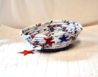 Handmade Patriotic Red White and Blue Fabric Bowl,  Key Basket, Candy Dish, Catchall