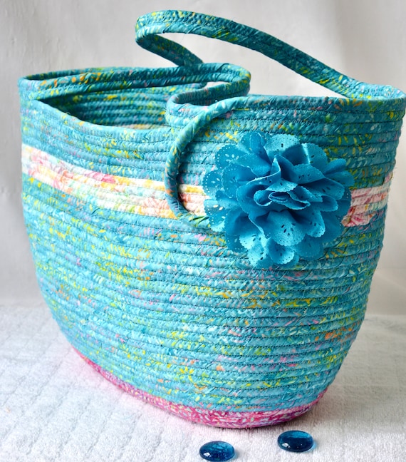 Summer Tote Bag, Handmade Coastal Blue Basket, Aqua Batik Handbag, Laptop Case, Beach Bag, Picnic Basket, Fabric Rope Bag, Yarn Holder Bin
