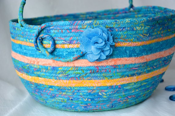 Batik Fabric Basket, Hat, Scarf and Gloves Holder, Bolga Bag, Handmade Basket with handle, Country Chic Shawl Bin, Textile Art Basket