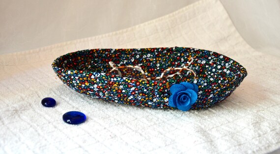 Blue Oval Key Holder, Handmade Eyeglass Basket, Ear Bud Bowl, Blue Fabric Rope Basket, Dresser change tray, Gift for her