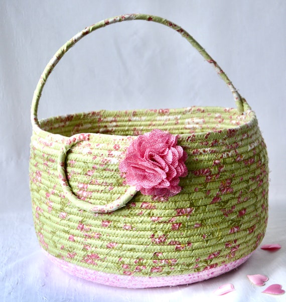 Spring Green Basket, Victorian Rose Basket, Lovely Country Yarn Storage, Handmade Vintage Roses Plant Holder, Shabby Chic Fabric Basket