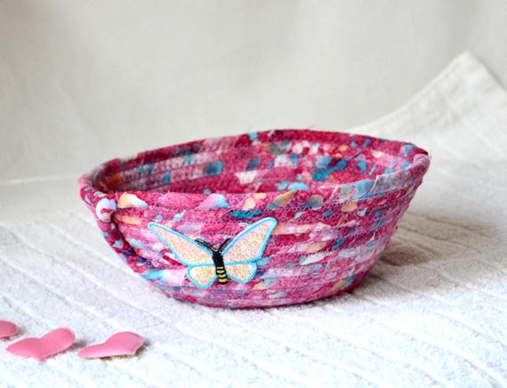 Hot Pink Batik Basket, Handmade Key Holder, Trinket Ring Bowl, Cute Gift Basket, Small Desk Candy Dish, Batik Fabric Rope Basket