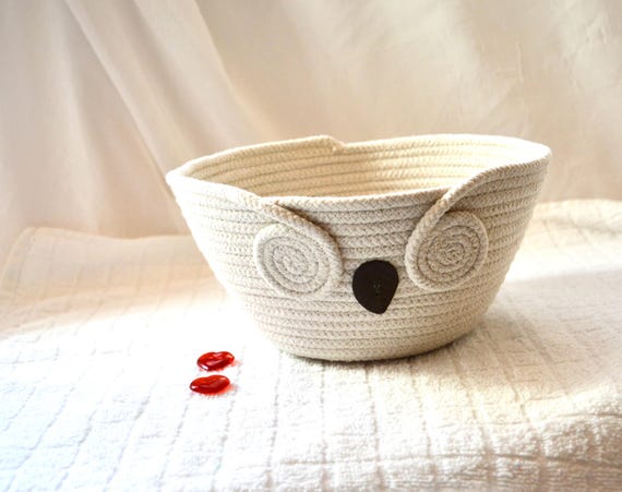 Beige Owl Rope Basket: Handmade Country Coiled Decor Bowl