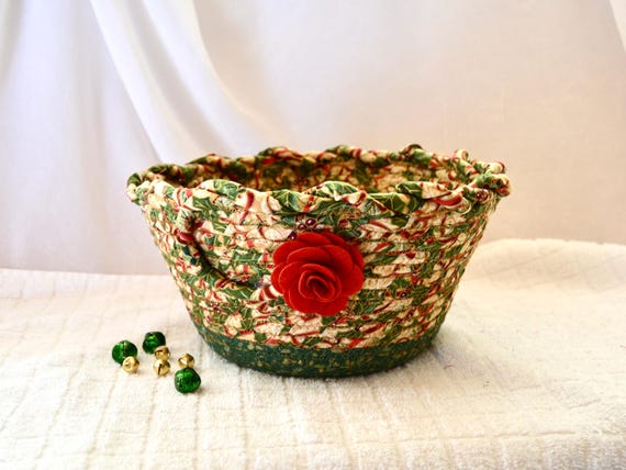 Christmas Green Bowl, Holiday Napkin Basket, Handmade Woven Fabric Rope Basket