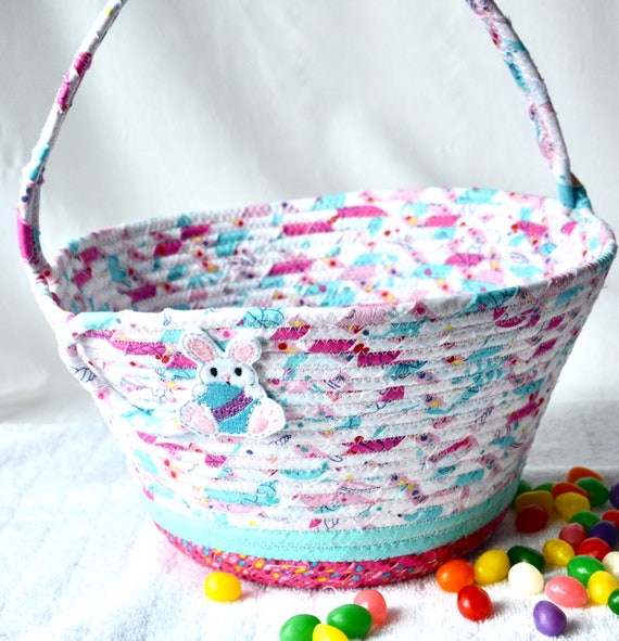 Aqua Bunny Easter Basket, Handmade Easter Egg Hunt Tote Bag, Candy Bucket