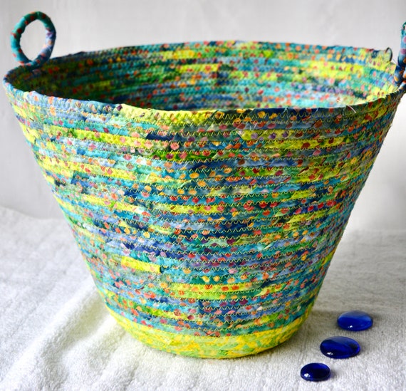 Blue Spring Basket, Handmade Plant Holder, Decorative Bowl, Beautiful Batik Fabric Basket, Tropical Towel Bin, Coastal Decor Basket