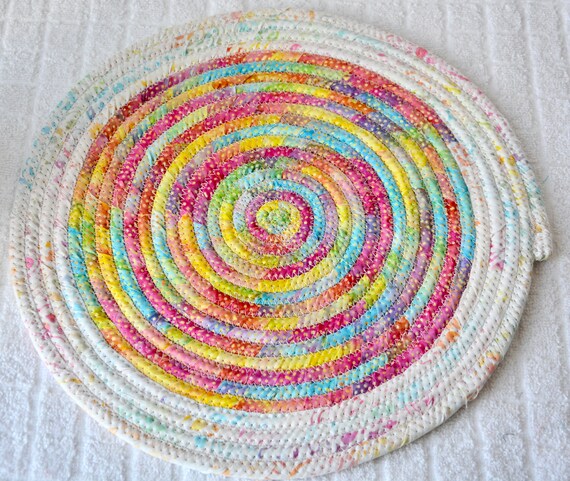 Pink Pastel Place Mat, 1 Handmade Batik Fabric Trivet, Hot pad, Pretty Pink Table Topper or Table Runner, Coiled Potholder