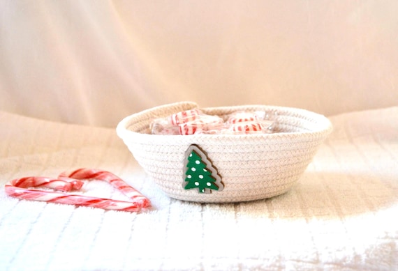 Handmade Coiled Rope Basket: Holiday Candy Dish with Tree Accent
