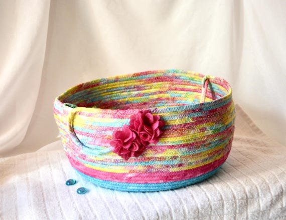 Artisan Batik Fabric Basket, Aqua Pink Textile Art, Handmade