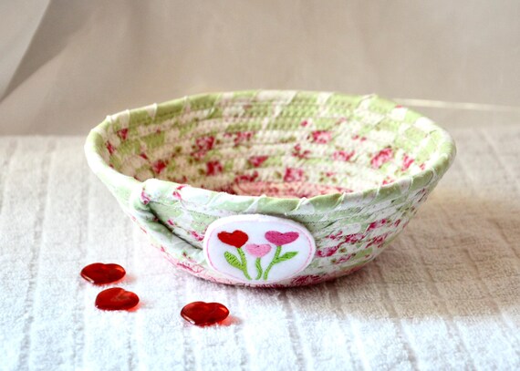 Tulip Fabric Basket, Heart Candy Bowl, Shabby Chic Ring Dish, Cute Jewelry Trinket Holder, 1 Handmade Floral Basket, Birthday Gift Basket