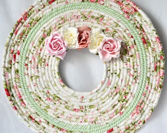 Shabby Chic Rose Wreath, Victorian Floral Door Hanger, Lovely Pink Rose Wall Art, Handmade Vintage Cottage Home Decor, Unique Wall Hanging