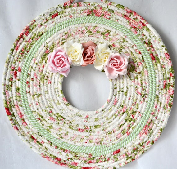 Shabby Chic Rose Wreath, Victorian Floral Door Hanger, Lovely Pink Rose Wall Art, Handmade Vintage Cottage Home Decor, Unique Wall Hanging
