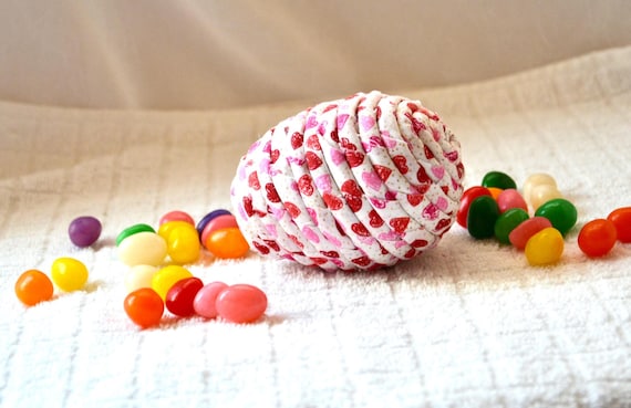 Handmade Pink Heart Easter Egg Ornament, Hand Coiled Fabric Egg, Easter Egg Hunt Toy