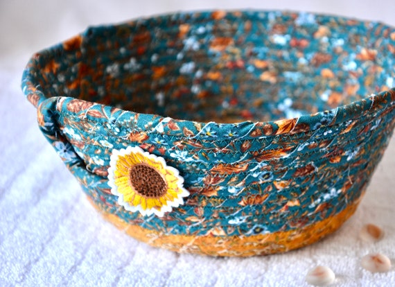 Fall Teal Bowl, Sunflower Napkin Basket, Handmade Fabric Rope Basket, Autumn Fruit Basket, Mail Bin, Key Holder, Lovely Gift Basket