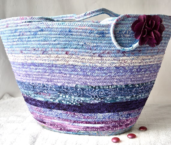 Violet Tote Bag, Purple Handbag Purse, Handmade Batik Fabric Basket, Laptop Case, Fabric Rope Basket, Coiled Moses Basket