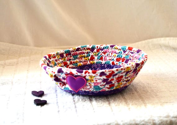 Valentine's Day Heart Candy Dish, Handmade Quilted Fabric Basket: Small Shabby Chic Ring Holder