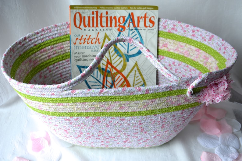 Handmade Quilted Basket Decorative Pink Floral Beach Bag Shabby Chic Tote Bag Handled Picnic Basket Baby Shower Gift
