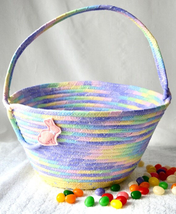Pastel Easter Basket, Handmade Cotton Fabric Candy Bucket with Bunny