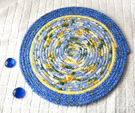 Handmade Blue Coiled Fabric Trivet: Country Floral Hot Pad
