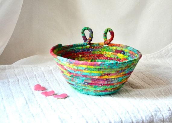 Artisan Batik Bowl, Country Fabric Rope Basket, 1 Handmade Entry Key Bowl, Coastal Aqua Napkin Holder, Mail Bin, Fun Remote Control Basket