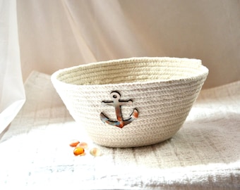 Handmade Nautical Rope Bowl, Boat Anchor Accent Basket, Country Coastal Napkin Holder