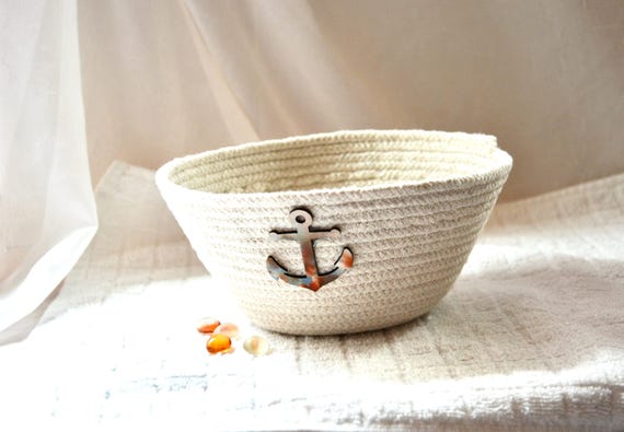 Nautical Rope Bowl, Handcrafted Boat Anchor Basket, Country Coastal Basket