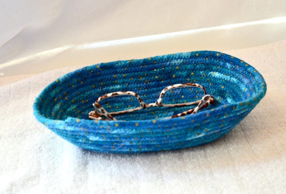 Blue Batik Basket, Unique Oval Key Holder, Handmade Eyeglass Basket, Ear Bud Bowl, Fabric Rope Basket, Gift for Dad Him Men