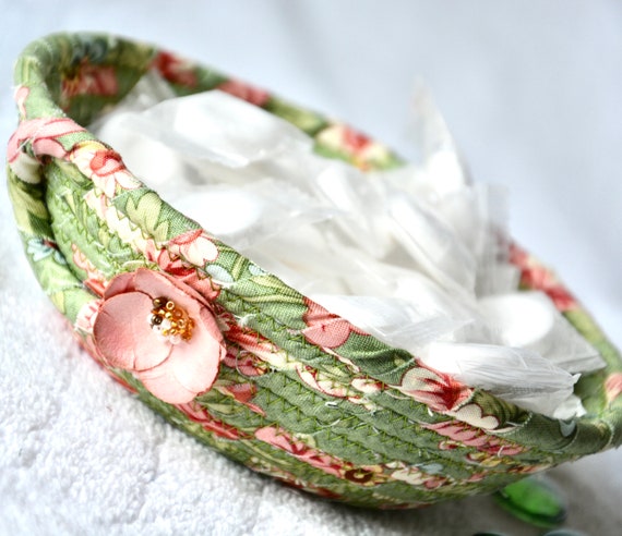 Victorian Rose Bowl, Shabby Chic Basket, 1 Handmade Floral Bowl, English Garden Ring Dish, Small Rope Bowl, Green Gift Basket