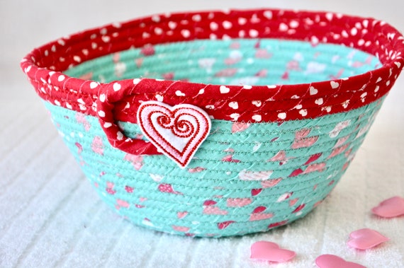 Red Heart Basket, Valentine's Day Gift Basket, Handmade Aqua Basket, Love It Gift Basket, Cute Key Holder or Fruit Bowl or Napkin Bin