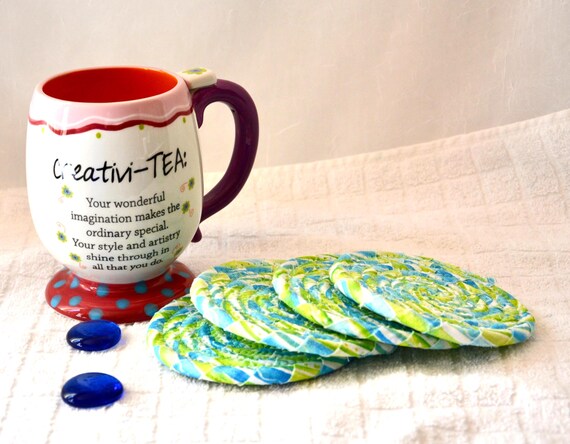 Spring Green Coasters, Set of 4, Easter Fabric Coasters, Handmade 4" Coiled Rope Mug Rugs