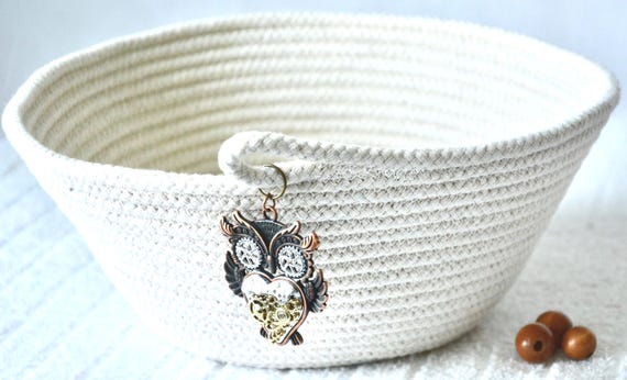 Handmade Country Rope Basket with Owl accent, Candy Bowl, Key Tray