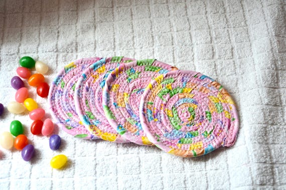 Handmade Easter Coasters, Pink Spring Fabric Mug Rugs, Set of 4