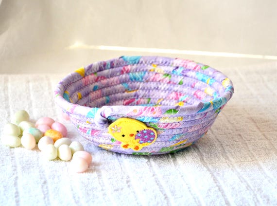 Easter Candy Dish: Handmade Lavender Glitter Fabric Bowl with Chick Accent