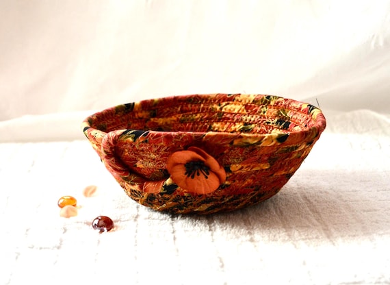 Earth Tone Candy Bowl, 1 Country Autumn Key Basket, Office Clip Holder, Fall Change Coin Bowl, Quilted Fabric Rope Basket, Fall Gift Basket