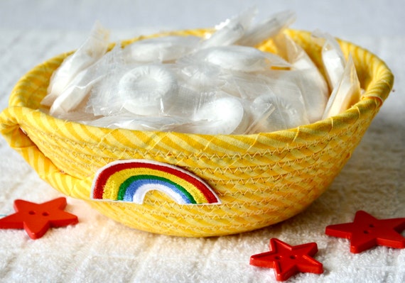 Spring Yellow Candy Bowl, Sunny Potpourri Dish, Rainbow Key Basket, Handmade Gift Basket, Cute Fabric Rope Bowl, Easter Candy Dish