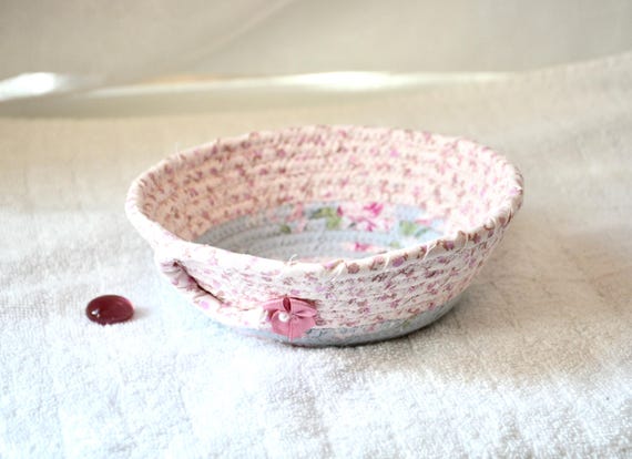 Pastel Cottage Basket, Pink Rose Ring Dish, Handmade Key Bowl, Victorian Rose Candy Bowl, Shabby Chic Fabric Basket, Small Pink Tray