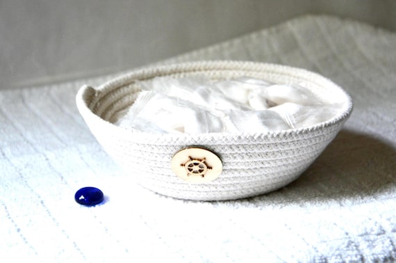 Handmade Nautical Candy Bowl with Ship Wheel Accent, Key Holder, Coiled Rope Basket